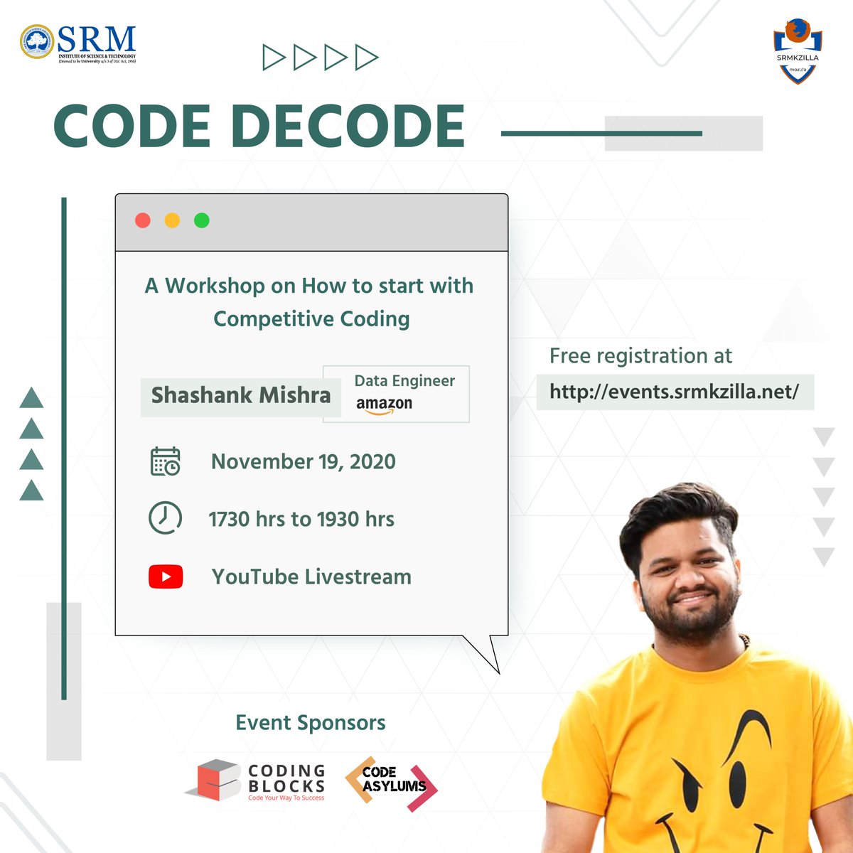 SRMKZILLA_Club's tweet image. On your lines, get set, code!
SRMKZILLA presents Code Decode. Solve complex problems and unlock the world of competitive coding. Join us on Nov 19, 1730 hrs to explore the realm of this world with @Shashan80573621
Register at: events.srmkzilla.net
#CodeDecode #Coding