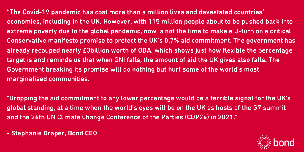 bondngo's tweet photo. Here is our statement in response to the plan to reduce the aid budget to 0.5% from our CEO @SDStephDraper 

Click the link for an accessible version: https://t.co/gOsygbABJS #NeverMoreNeeded https://t.co/hg1hIExyth