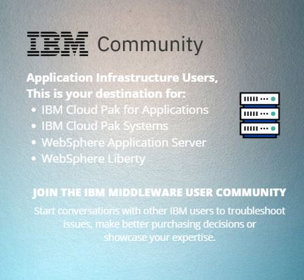 Join the discussion with other IBM users in the Application Infrastructure Group. 

Explore the Middleware Community: ibm.co/2uGBop4

#ibm #ibmcommunity #application #applicationinfrastructure #ibmusers #websphere #liberty #websphereliberty #cloudpak