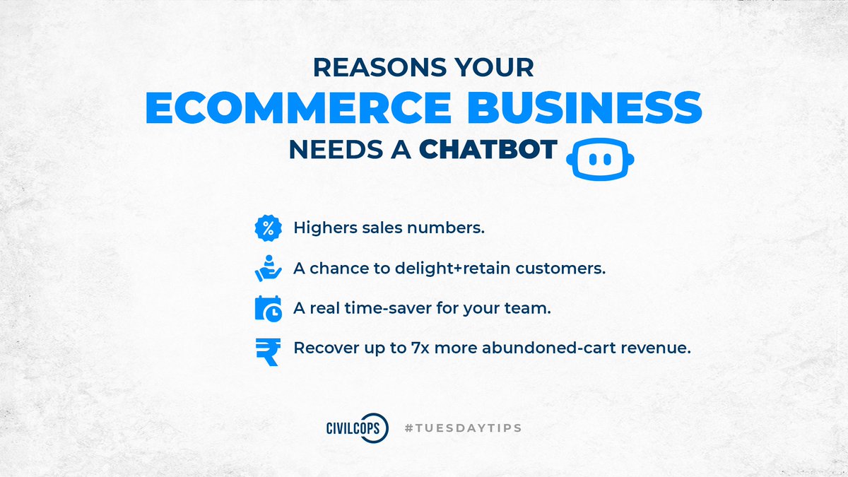 DolphinChatBot's tweet image. Our E-commerceBot is typically designed to:
✅Complete buyers’ purchases
✅ Offer buyers product recommendations
✅ Create a valuable, individualized shopping experience.

#Tuesdaytips #Ecommercebot #Ecommerce #Dolphinchat #Civilcops