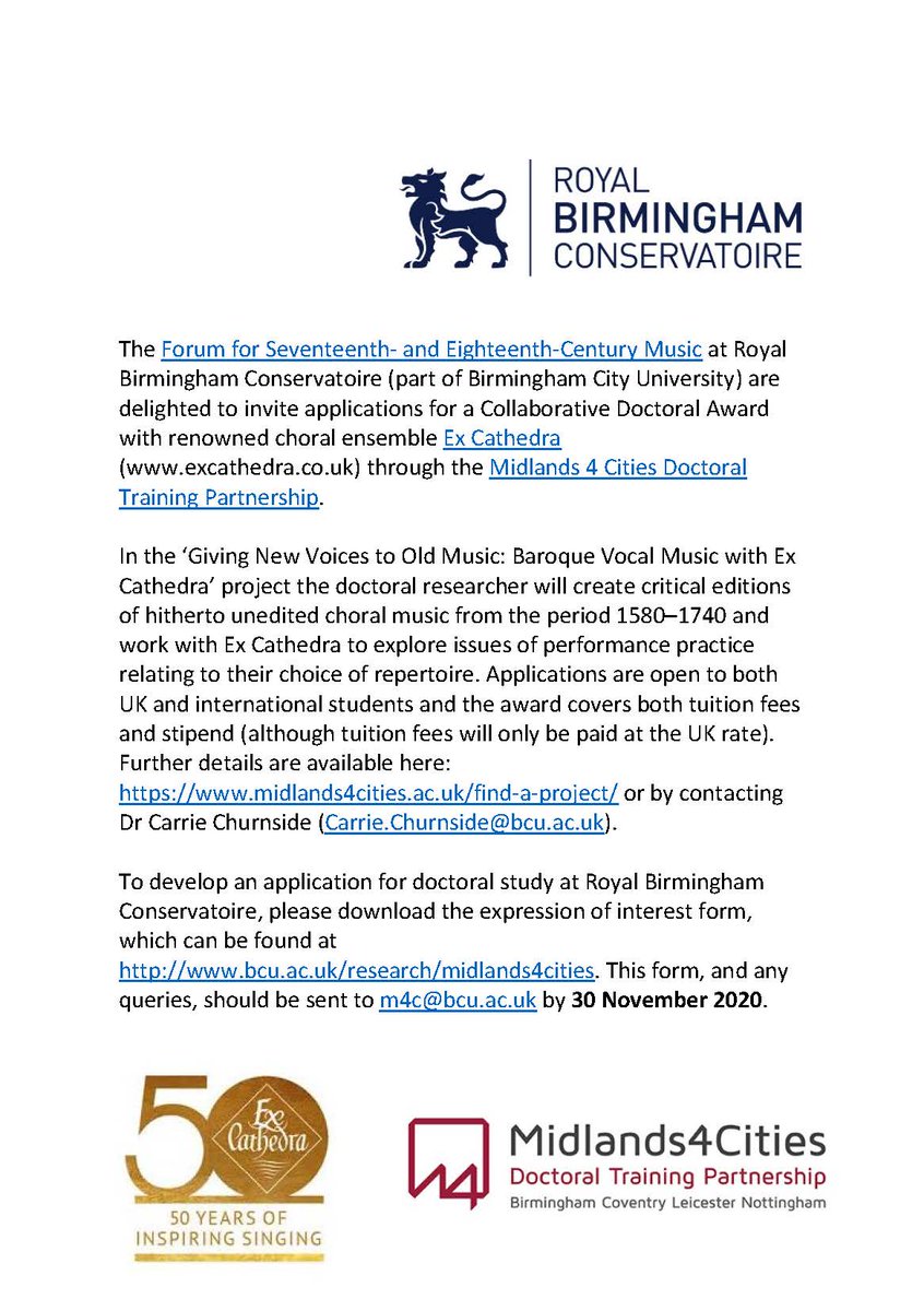 rbcmusicology's tweet photo. Don’t forget! Expressions of interest in our Collaborative Doctoral Award in partnership with @excathedrachoir and @Midlands4Cities are due 30 Nov.  @BirmCons #PhD #BaroqueMusic #CriticalEditing https://t.co/eBHBZTyeJg