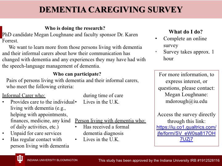 KentGSA's tweet photo. Please help share the word on this important study: @megan_loughnane is recruiting those living with dementia + their informal carers in order to study communication. She’s also looking for SLT clinicians. Do get in touch w/ her if you fit the below criteria: https://t.co/UsOXqL3NG0
