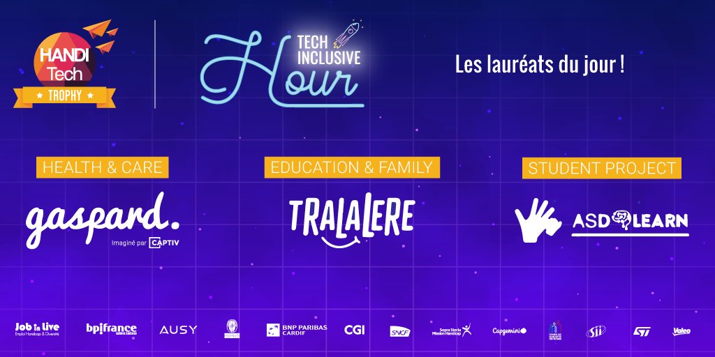 HanditechTrophy's tweet photo. [#HTT20 #TechInclusiveHour #SEEPH2020]
Bravo à @tapis_gaspard, @tralalere et @ASDLearn, les lauréats du jour !  🤩

Regardez le replay de la remise des prix ici : https://t.co/99aIo9N3nE

La suite des remises des prix en live &amp; inscriptions par ici :
▶ https://t.co/eYjhd7hQJg https://t.co/IHuvlw6JyO