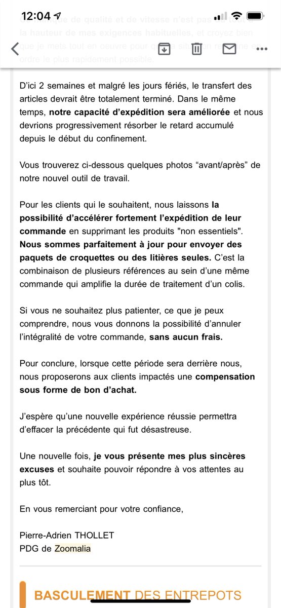 Ça me rappelle cette histoire du confinement 1 où Zoomalia avait été bousculé par l'afflux de commandes (c'était une cata de trouver de quoi nourrir ses animaux). Le PDG avait fait un mail à ses clients pour s'excuser et montrer comment il préparait l'avenir. Il a tout compris.