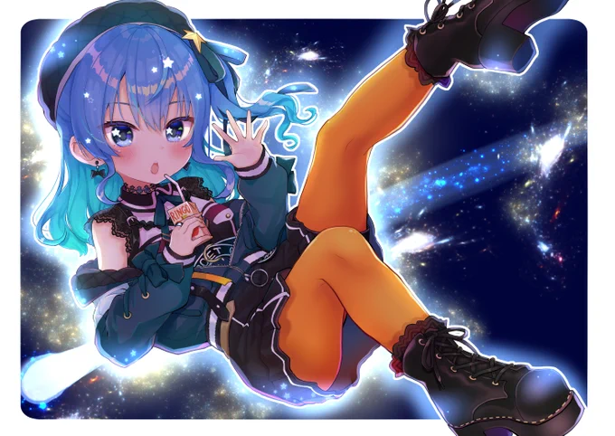#ほしまちぎゃらりー
#星街すいせい新衣装

彗星のごとく現れたスターの原石すいちゃんっ!!!☄️☄️
カラータイツとリンゴジュース!!✨

キラキラver
シンプルver
顔アップ です 