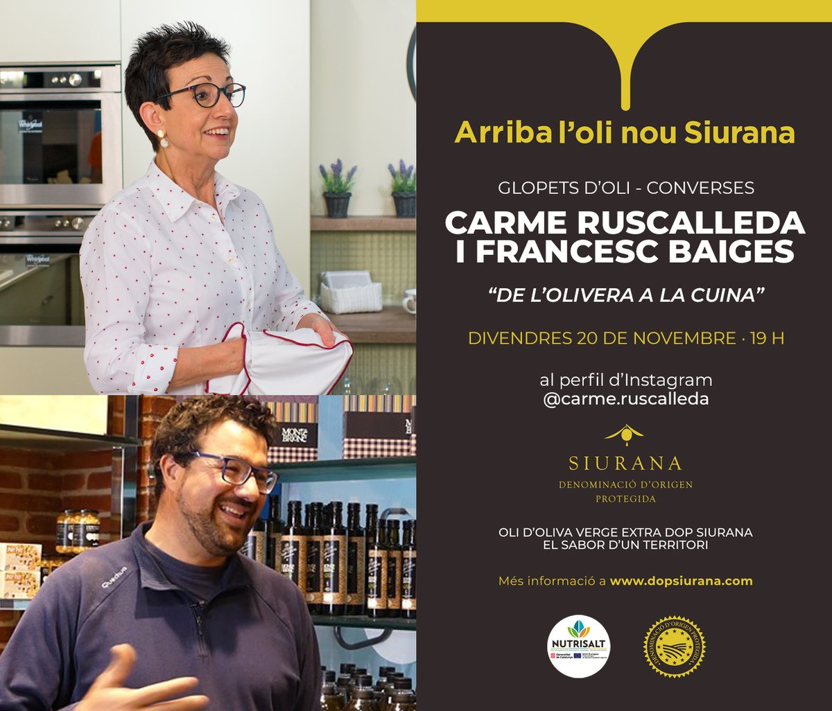 🫒 Els "Glopets d'oli" continuen amb "De l'olivera a la cuina", que comptarà amb la xef Carme Ruscalleda i el president de la Cooperativa de Montbrió del Camp, Francesc Baiges. 

📅 Divendres 20 a les 19h
📲 carme.ruscalleda a Instagram   

#orgurmet #DOPSiurana #SocSiurana