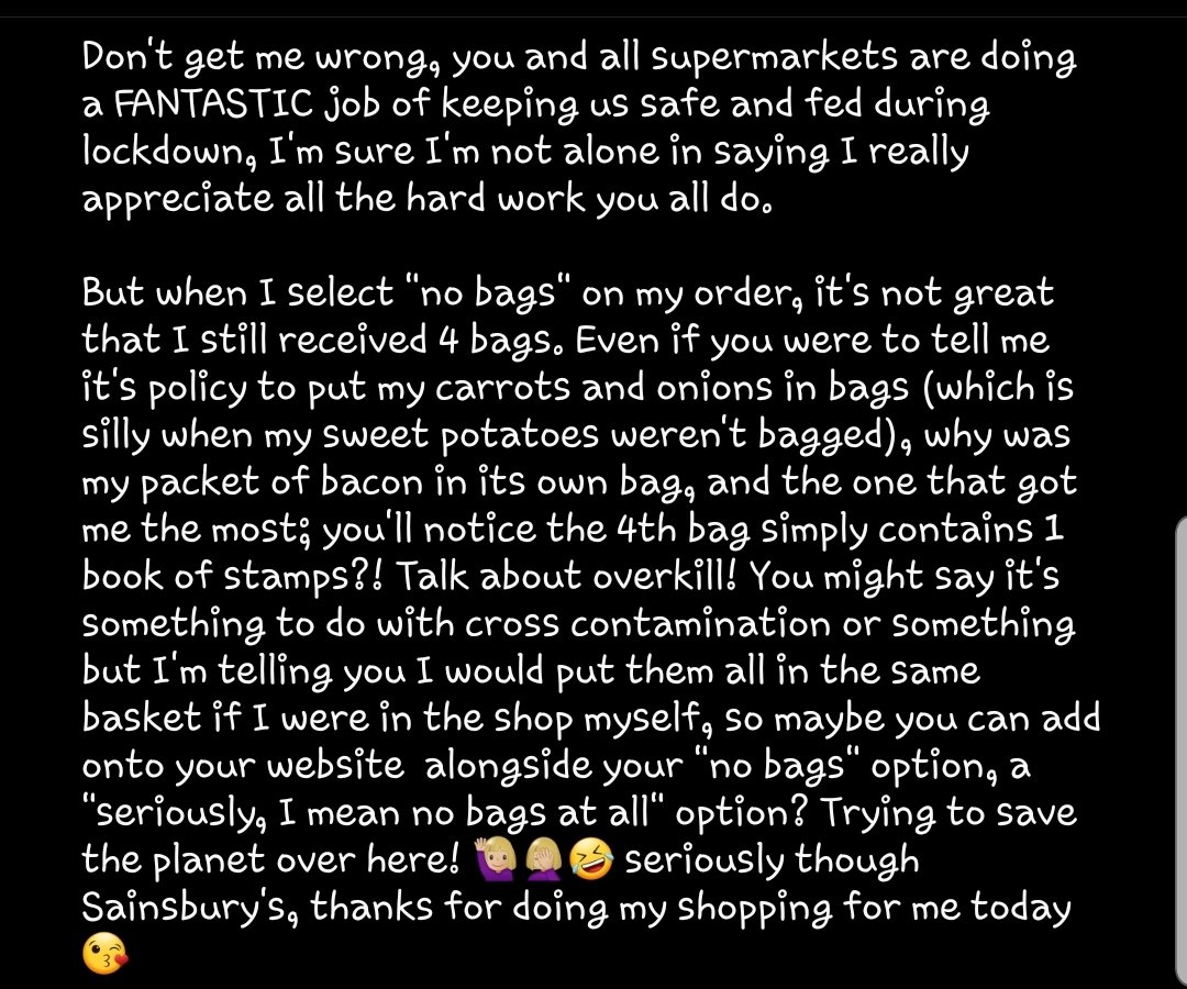 Littlegluecksm1's tweet photo. Hey @sainsburys I'm calling you out!
#gobagless #onlineshop #clickandcollect #seriouslynobags #drowninginplasticbags #savethestamps #thankyoukeyworkers
https://t.co/proBLlLGim https://t.co/Ir8f8VHLy7
