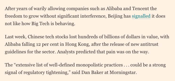 lol @ the west getting eclipsed by China's approach to monopoly regulation. Doing this will likely keep their local markets competitive & tt will slow the reach of their giants abroad.