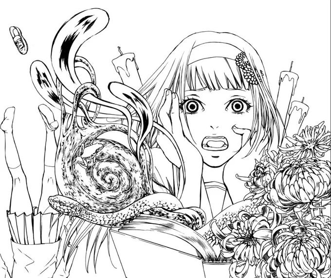 #皆さん線画と塗った後を見せてください 

怖がり女子。
カラーサムネイル?は扉ページをアレンジしたので線画とカラーで微妙にデザインが違ってるっす。 