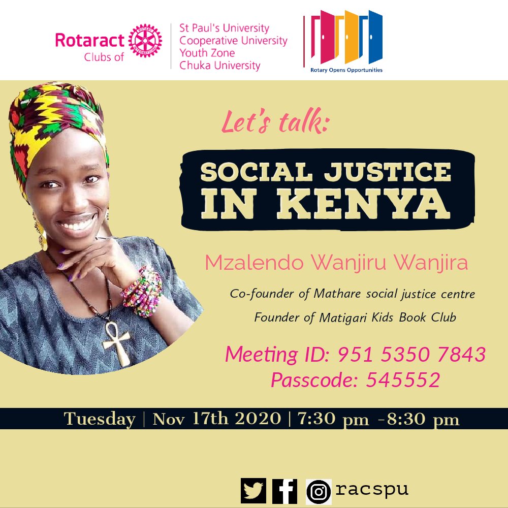 racspu's tweet photo. Mzalendo Wanjiru Wanjira is a social justice activist. Co-founder of Mathare Social Justice Centre and founder of Matigari Kids Book Club.

Topic: Social Justice in Kenya
Time: Nov 17, 2020 07:30 PM Nairobi

Meeting ID: 951 5350 7843
Passcode: 545552 https://t.co/bM5vaWjXoo
