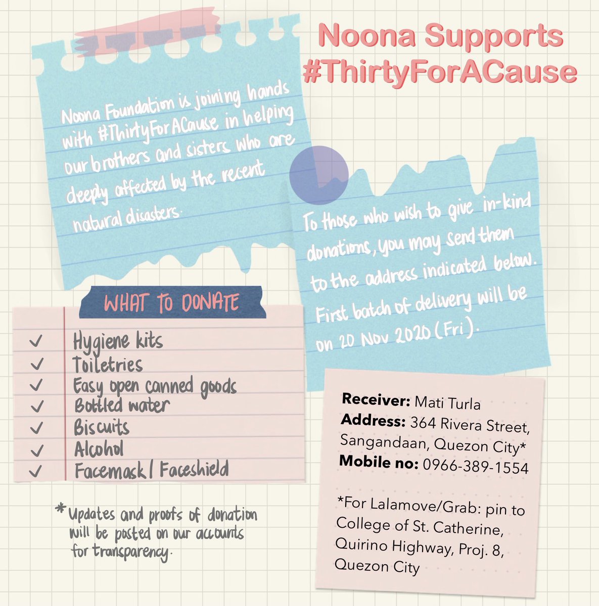 NoonaFoundation's tweet photo. Noona Foundation joined hands with @ThirtyForACause to raise funds and collect in-kind donations for the victims of the recent typhoons.

You may drop-off your donations to the details on the photo. Our first batch will be sent to the OVP on 20 Nov (Friday). https://t.co/PKTKY49uoj
