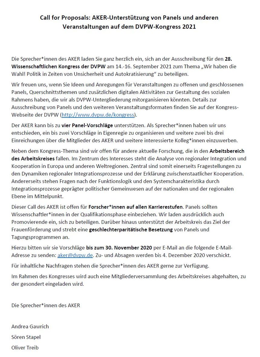 sostapel's tweet image. Call for Proposals des Arbeitskreis Europa- und Regionalismusforschung #AKER: Panels und andere Veranstaltungen auf dem @dvpw Kongress 2021. Mitglieder des #AKER und Interessierte am Arbeitsbereich können bis 30.11.2020 Vorschläge einreichen - erhalten zeitnah eine Entscheidung.