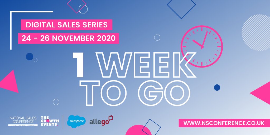 thegrowthhub_'s tweet photo. ⏳ And the countdown begins...
We have 1 WEEK TO GO until #NSCDigital kicks off with content from Dominic Colenso, Andy Bounds, Phil Jones MBE, Sales Enablement Society, Jim Steele & Midge Ure OBE!
Set up your meetings & bookmark the sessions, now!
https://t.co/pG0TQHKfMe https://t.co/jNhjG5CfvY