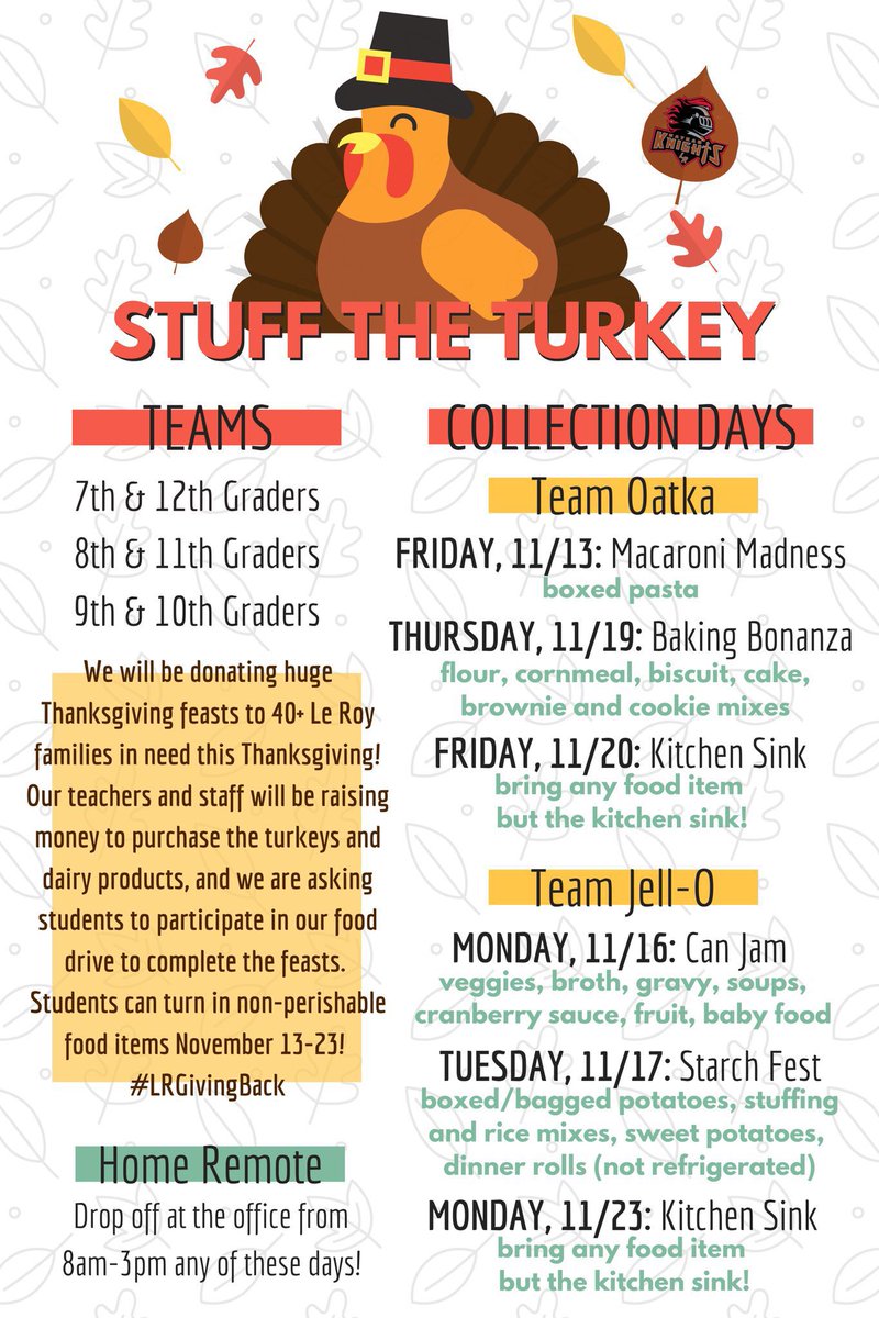 LeRoy_CSD's tweet photo. Stuff The 🦃 Food Drive

Starch Fest
🌟Team Jell-O Day 2:
Turn In=2️⃣2️⃣3️⃣items🔥

Standings:
1️⃣8th&amp;11th-314
2️⃣9th&amp;10th-191
3️⃣7th&amp;12th-130

Great work, Knights! We have 3 more days left, finish strong!

Team Oatka Day 2-Thursday 11/19:
Baking Bonanza

#BigThanks👏
#KnightServe https://t.co/1RkL7ianQ1