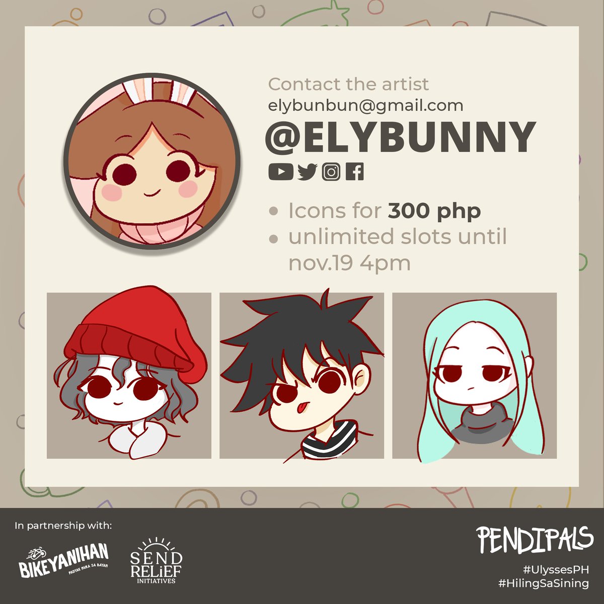 elybunbun's tweet photo. #UlyssesPH Commissions OPEN
Hi I'm Ely, an artist for #HilingSaSining If you're interested at my works please fill in the form below! All proceeds will be donated to our partnered donation drives (Bikeyanihan and Send Relief Initiatives)
https://t.co/Ixe9JHyz1t https://t.co/qO80H8PRQK