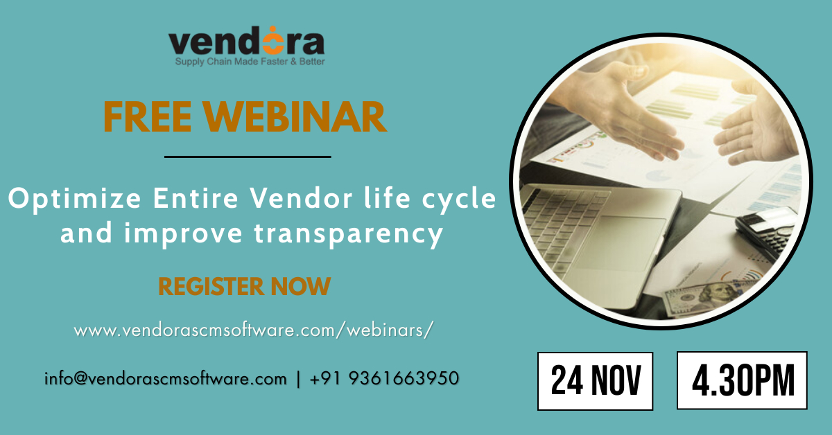 Vendorascm's tweet image. Enhance the vendor/suppliers operations of your business with #Vendora's web-based #vendormanagementsoftware. Free webinar on how to "Leverage digital #vendormanagement to enhance cost savings &amp;amp; reduce operational risks". Join our #webinar to learn more. bit.ly/3eLtWw1