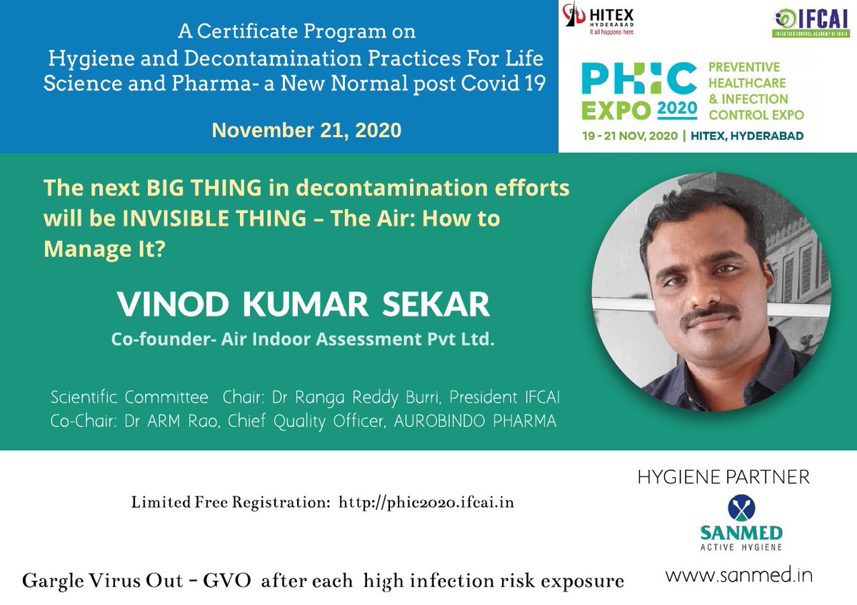 sanmed_health's tweet photo. Free registration for a certificate programme on "Hygiene and Decontamination Practices for the Life Sciences and Pharma - a New Normal Post Covid19" scheduled on Nov. 21 at Hitex, Hyderabad. Register at https://t.co/Na1kiJb05v Option of online live-stream view. #IFCAI #Hitex https://t.co/YpT1CpfxVJ