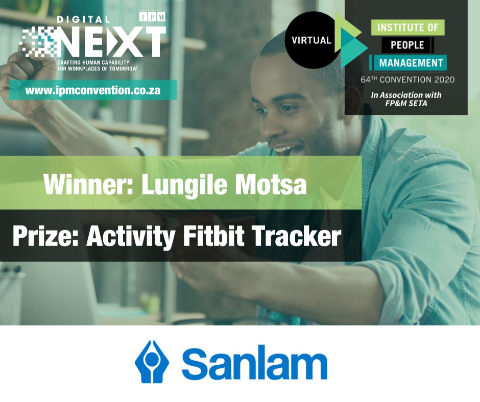 IPM4PEOPLE's tweet photo. Congratulations to Lungile Motsa for winning the Activity Fitbit Tracker in the Sanlam competition held in the virtual exhibition area at last week's IPM Convention &amp; Exhibition. For more information on Sanlam visit https://t.co/P696q3DKZr

#IPM2020 #DigitalNext #HR https://t.co/3HVuGbwRs1