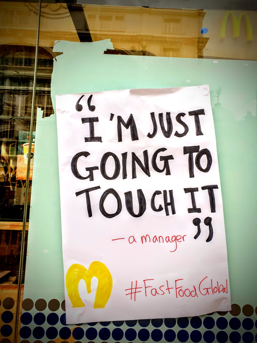 Putting actual words up outside McDonald's.  
Fast-food workers all around the 🌍world 🌍are speaking out and taking a stand TODAY. 
RT to show McDonald's it must end sexual harassment! 
#FastFoodGlobal #NotOnTheMenu