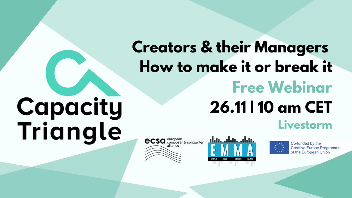Creators_ECSA's tweet photo. Join us for the #CapacityTriangle webinar!

Creators and managers will exchange on their relationship and what future perspectives lie ahead for the industry.

👥Organised by ECSA together with @EmmaAlliance 
🕙26 Nov | 10 am CET |

Register 👉 https://t.co/SasBVWm1PJ https://t.co/GdeAXqDGFA