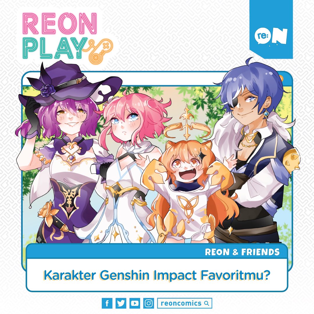 reoncomics's tweet photo. Reonites! Kembali lagi di #reONPlay!
Siapa karakter #GenshinImpact favoritmu? https://t.co/lRReG7fS7R