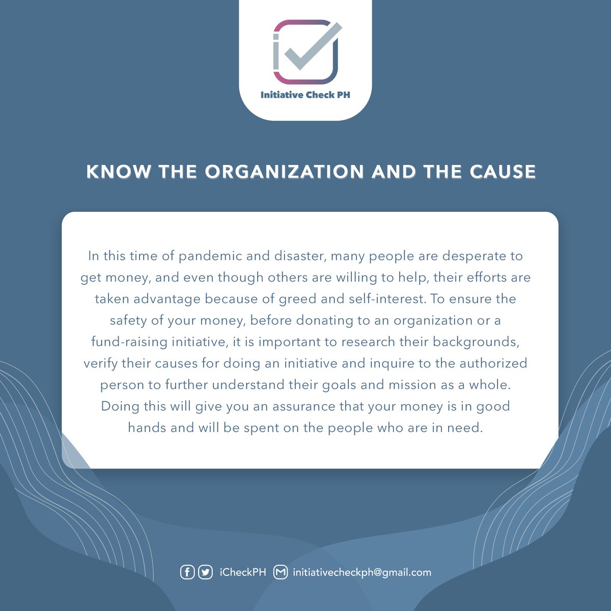 iCheckPH's tweet photo. It's important to know about the projects and people you are donating to.

Here's 3 TIPS ON ASSESSING INITIATIVES BEFORE YOU DONATE from #InitiativeCheckPH 

Report scams via https://t.co/BTugRwVerw

#StopDonationScams #BangonLuzon #BangonMarikina #BangonCagayan #BangonIsabela https://t.co/uCE8EULNFt