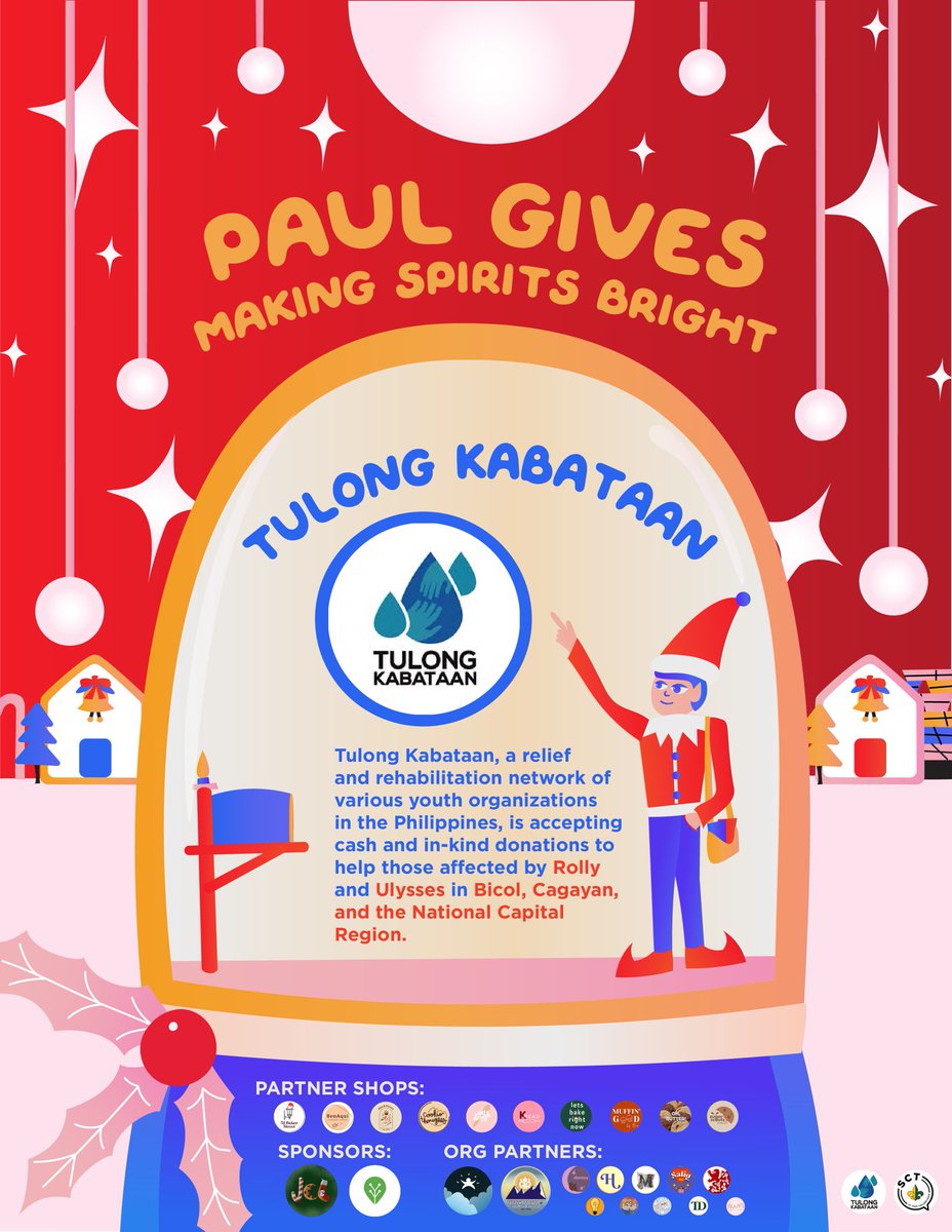 SPCPSCT's tweet photo. We've tied up with Tulong Kabataan to help those that were drastically affected by #UlyssesPH and other typhoons and natural disasters. 🌈☃️   Purchasing from Paul Gives LITterally make spirits bright this season of giving. 🌟💚   #PaulGives #ReasonForTheSeason https://t.co/ByCDP5zqWF