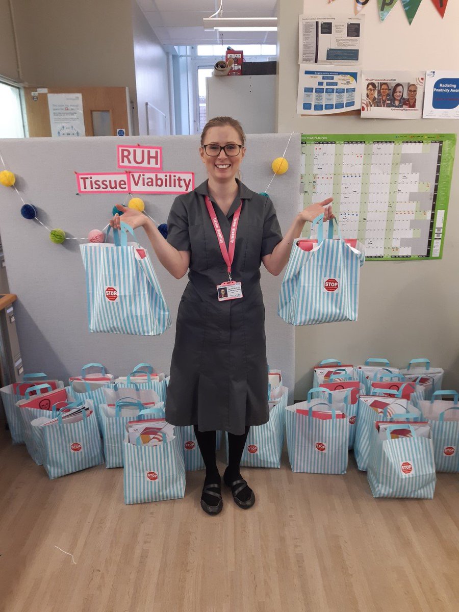 TVNNikki's tweet photo. @RUHTVNs Laura Herring, Tissue Viability Assistant, getting bags of resources ready to deliver to the wards :-) Thank you to everyone who has supported us @SmithandNephew @TalleyGroup @FMG_Group @medicareplusuk #stopthepressure #stop2020 #poweringpuprevention https://t.co/Urufqu1HWI