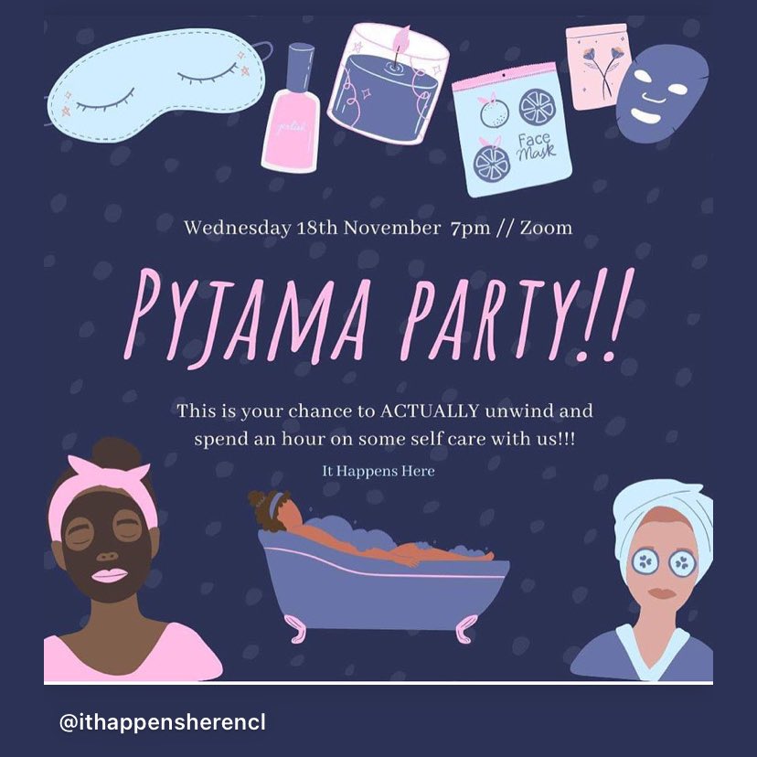 Our self-care relaxing pajama party is tomorrow night! Dont forget to sign up for the zoom details at: 
forms.gle/78iFDeZhDN5wW2…
FB Event: fb.me/e/1Fy3tm9it 

Put on some PJs, your favourite face mask, pour yourself a hot chocolate, and come join our zoom PJ party!! 💜