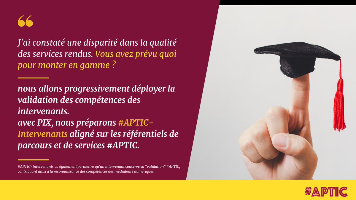 Pour assurer la reconnaissance des compétences des médiateurs, #APTIC se mobilise en embarquant <a href="/Pix_officiel/">Pix</a> dans les process de validation des compétences.
Ça va s'appeler #APTIC-Intervenants.
Et ça fait partie de la démarche qualité enclenchée.
#NEC20