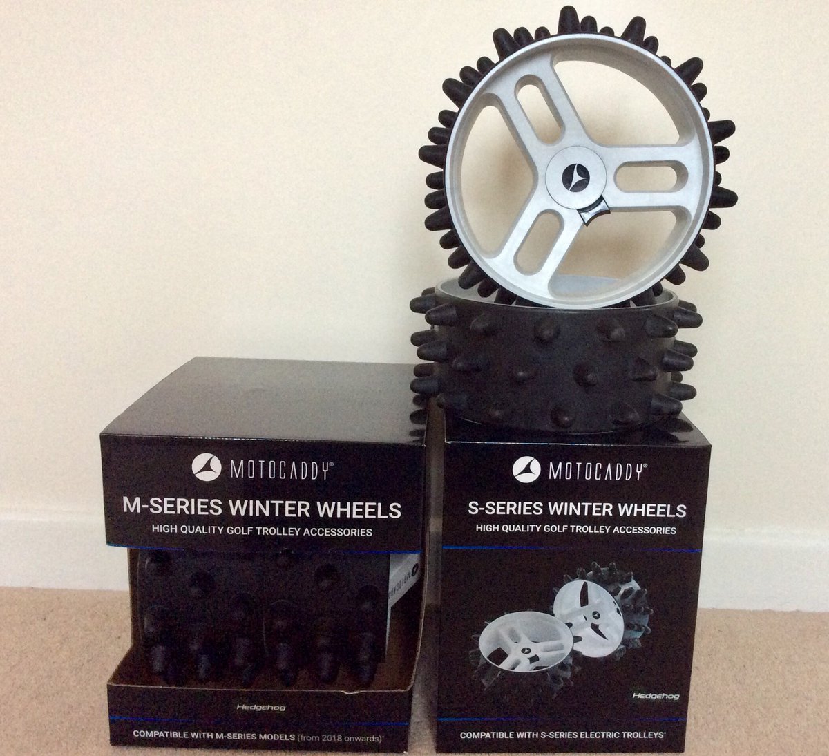 ABaguleyPGAPro's tweet photo. ���️💦 #Golfers it’s that time of year again 🌧☔️ 
Add these @MotocaddyGolf hedgehog 
#winterwheels now to your #Motocaddy 
#electrictrolley ready for when golf resumes 
Winter wheels available in stock for both 
M &amp; S #MotocaddyGolf series models 
Use our Click &amp; Collect Service https://t.co/4Uad0rL05X
