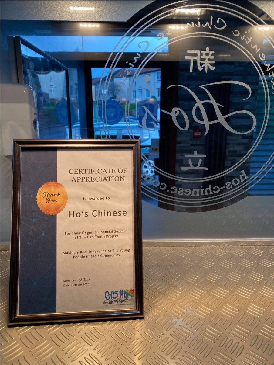 G15 youth project @HosChinese partnership.
Ricky and his team are a fantastic support to G15 youth project and we were delighted to hand over the 1st ever business support certificate to the guys. Local business supporting local charity. Its a win win.