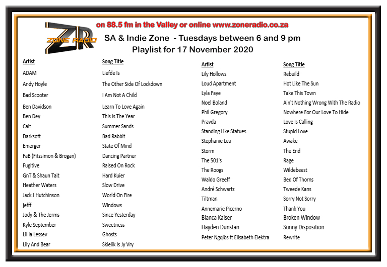 zoneradiocpt's tweet image. Playlist chosen by @JudyRoberson1 for SA&amp;amp;Indie Music Zone tonight between 6 and 9pm #greattalent #localmusic #indiemusic 
@biggestbossfan
@bdavidsonmusic
@BenjoDey
@adamgroep 
@BroganAnd
@fugitiverock
@StephLeaMusic
@Andre_Schwartz
@biancakaiser08 
@HaydenDunstan 
@peterngqibs