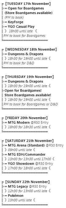 ProteaBoekeBFN's tweet photo. Come play with us - schedule for this week
#ProteaGaming
#BloemgateCentre
Book your spot:
๐ฒ051 430 2115 / ๐gaming@proteabooks.com
#boardgames #mtgmodern #ygocasualplay #keyforge #dungeonsanddragons #MTGArena #MTGCommander #YGOShowdown #MTGLegacy #Pokemon #gamingbloemfontein https://t.co/btMbTPiPyh