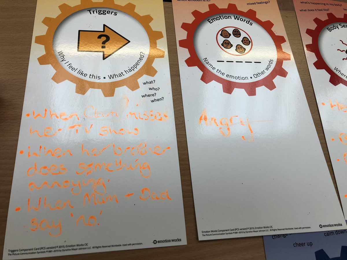 SPark2607's tweet photo. This morning we read the story about Clara and her angry monster, then we used the story to fill in all of our emotion works cogs and worked really hard to think of some regulation strategies Clara could use when her angry monster tries to take over. @IWBSFalkirk #WatchUsGrow https://t.co/jvYrEvkluN