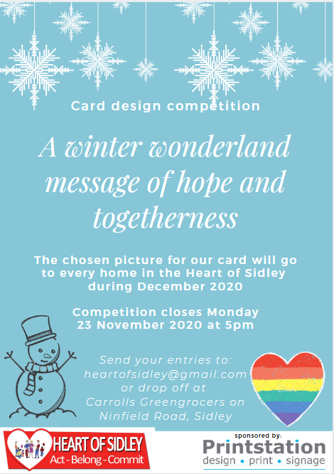 Could you be the one who designs the picture for our greeting card to the WHOLE <a href="/HeartOfSidley/">Heart of Sidley</a> community?!
Open to anyone, any age - children and adults - could even be a joint effort from the whole family or friends!  Happy creating! Deadline 23Nov. #sidley #competition
