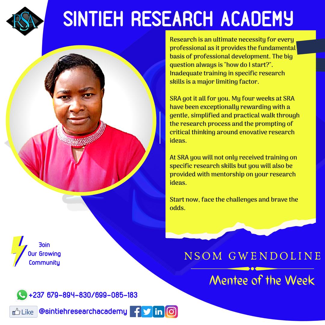 sracm237's tweet photo. MENTEES OF THE WEEK
Continuous improvement is better than delay perfection. Congratulations @Nsom_Gwendoline and @Ismaila_Karimu.
It has been another impactful week at SRA. Below is what our mentees of the week had to say
👇👇👇👇
#MenteeOfTheWeek
#SRA https://t.co/PzACRT7ffb