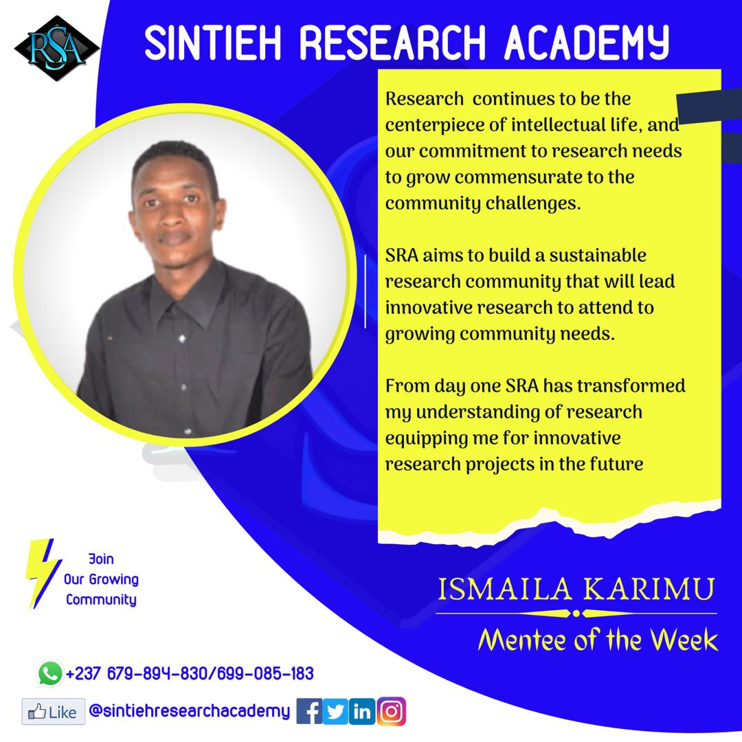 sracm237's tweet photo. MENTEES OF THE WEEK
Continuous improvement is better than delay perfection. Congratulations @Nsom_Gwendoline and @Ismaila_Karimu.
It has been another impactful week at SRA. Below is what our mentees of the week had to say
👇👇👇👇
#MenteeOfTheWeek
#SRA https://t.co/PzACRT7ffb