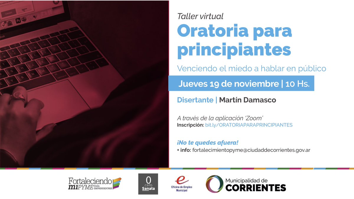 A través del programa #FortaleciendoMiPyME y de la <a href="/OEmpleoCtes/">Oficina de Empleo Corrientes</a> brindaremos un nuevo taller virtual: ‘Oratoria para principiantes’ 🖥️ Desarrollaremos diferentes técnicas para una comunicación clara a la hora de hablar en público. Inscripciones en ➡️ bit.ly/ORATORIAPARAPR…