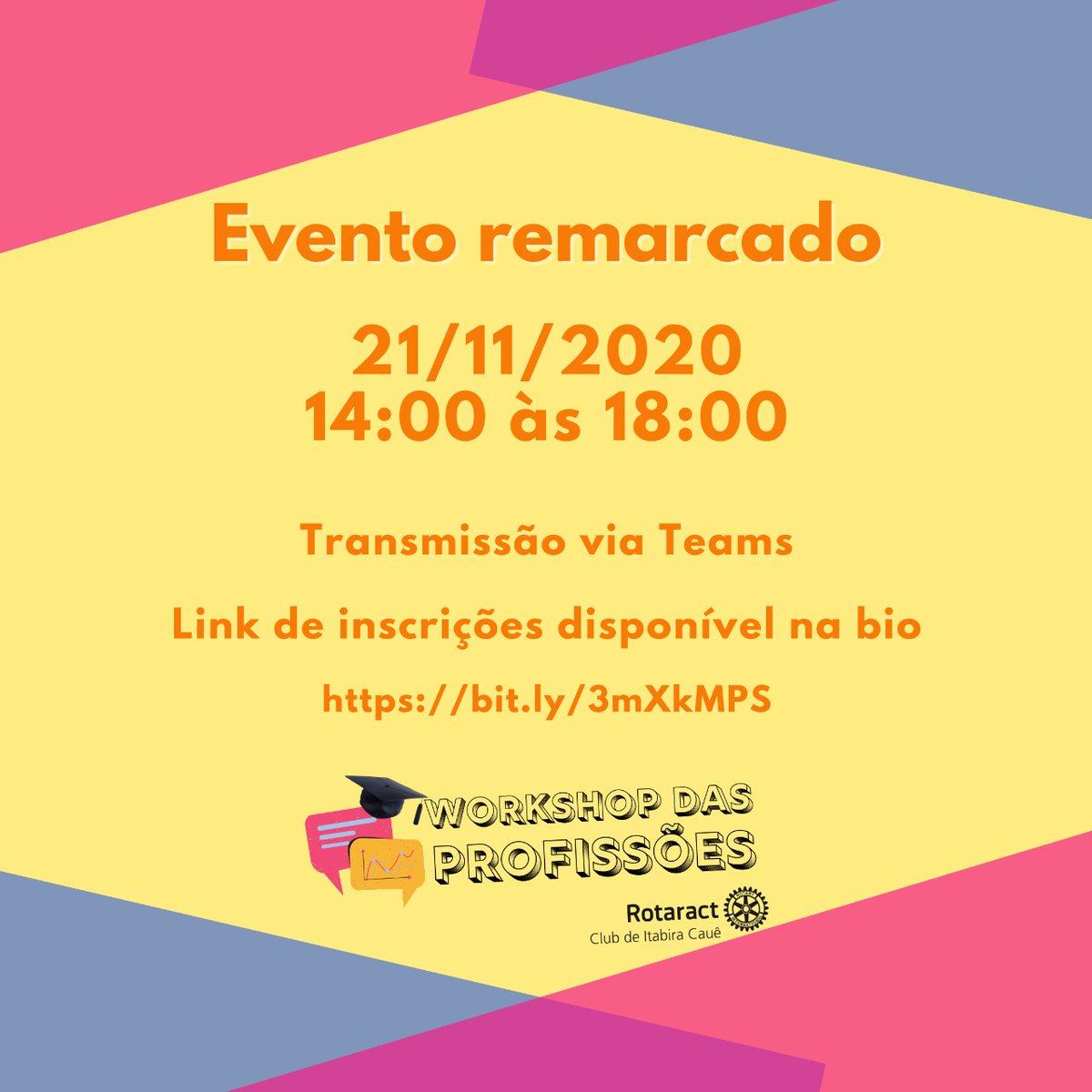 icitabira's tweet photo. Então presta atenção aqui que o Rotaract Club de Itabira Cauê está fazendo um evento de Feira de profissões! Que vai ser nesse sábado, dia 21/11 às 14h no Microsoft Teams! https://t.co/XogIMXGFYz