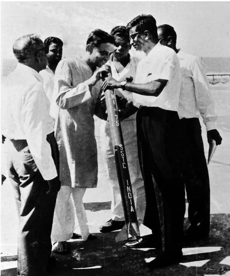 Dr. Vikram Sarabhai and YJ Rao examining the Rohini 75 sounding rocket (India’s first indigenous sounding rocket) and The SLV-3 rocket from transport to launch