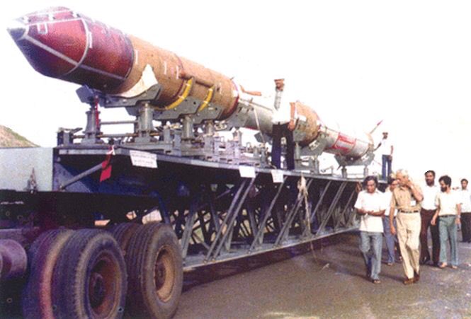 Dr. Vikram Sarabhai and YJ Rao examining the Rohini 75 sounding rocket (India’s first indigenous sounding rocket) and The SLV-3 rocket from transport to launch