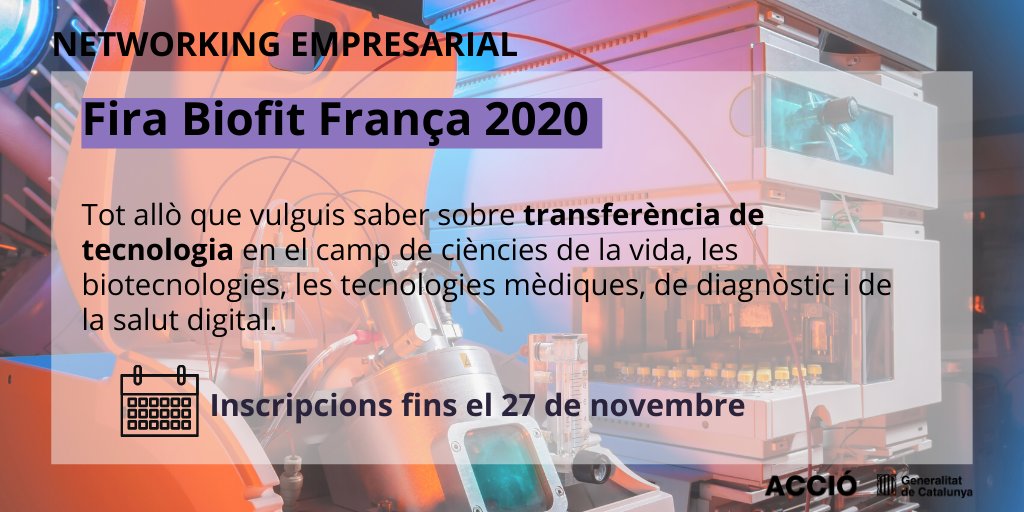 accio_cat's tweet photo. Vols participar a la #BioFit2020 (@BIOFIT_EVENT)? Una de les convencions de negocis més grans de França, enfocada especialment en la transferència de tecnologia.
Inscriu-t’hi 👇
https://t.co/MaDm9YdUKf https://t.co/KM4mdE0Hdu