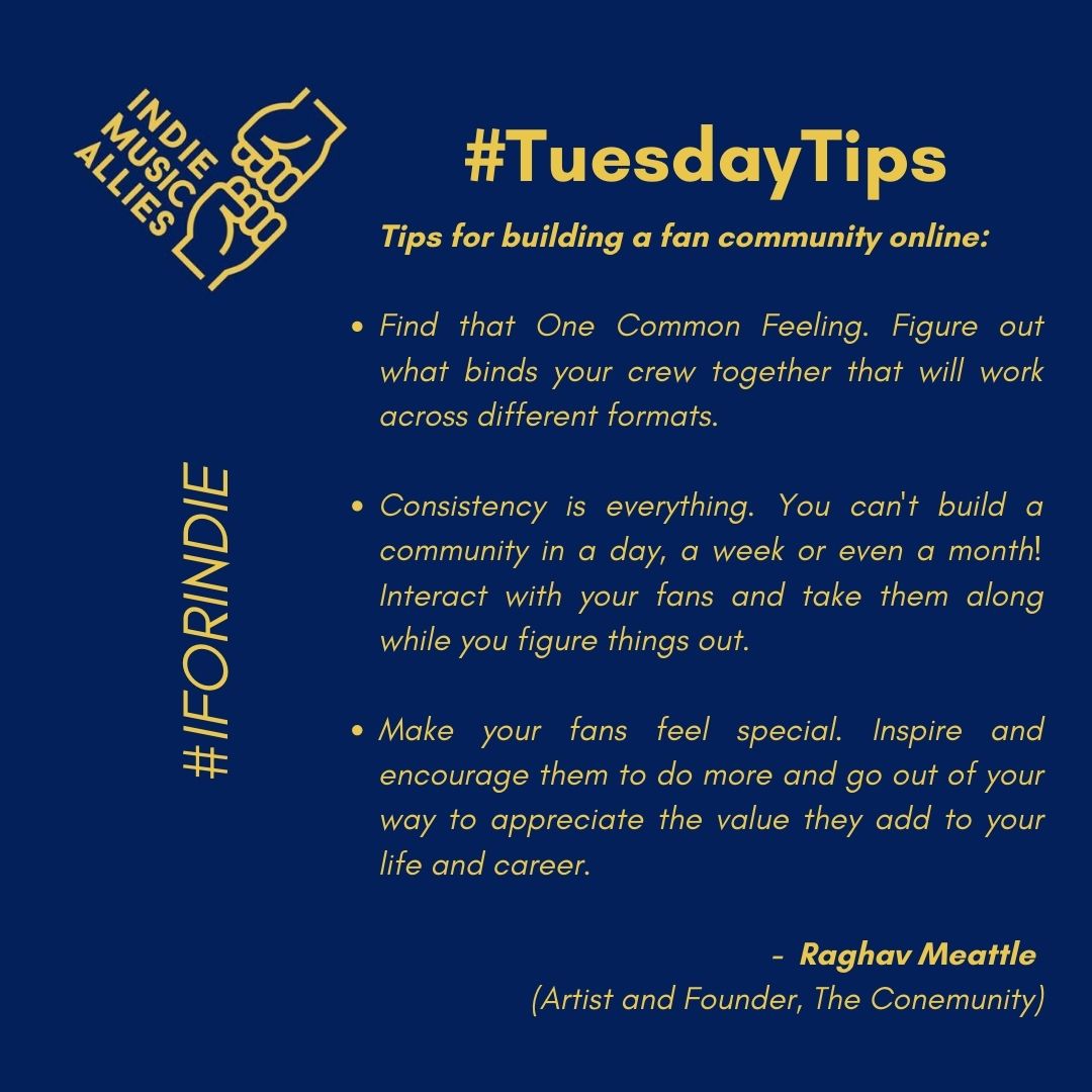 Singer-songwriter <a href="/RaghavMeattle/">Raghav Meattle</a> aka the "Cone Daddy" of #TheConemunity shares his tips on how to turn a fan base into a community. #iforindie #indiemusic #TuesdayTips