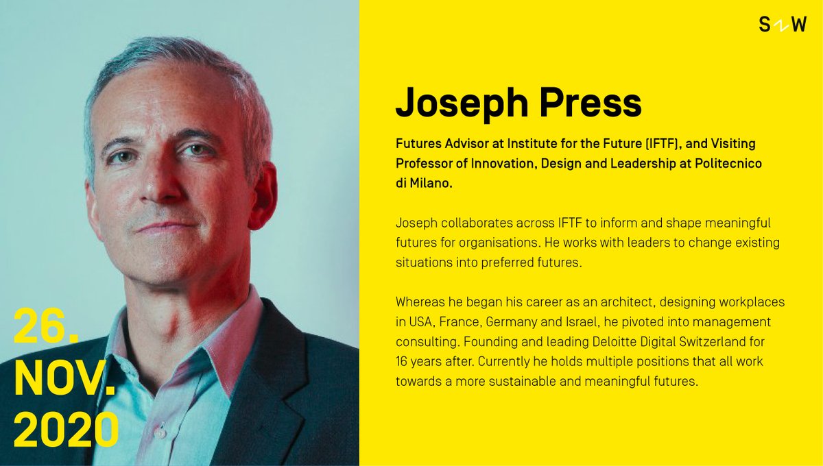 Next up on our #Roundtable #Speaker announcements: Joseph Press, Futures Advisor at Institute for the Future! Want to hear more about Joseph’s work with #FuturesThinking? Join us online on November 26th! Learn more about the event and register here: eventbrite.ca/e/108997751208