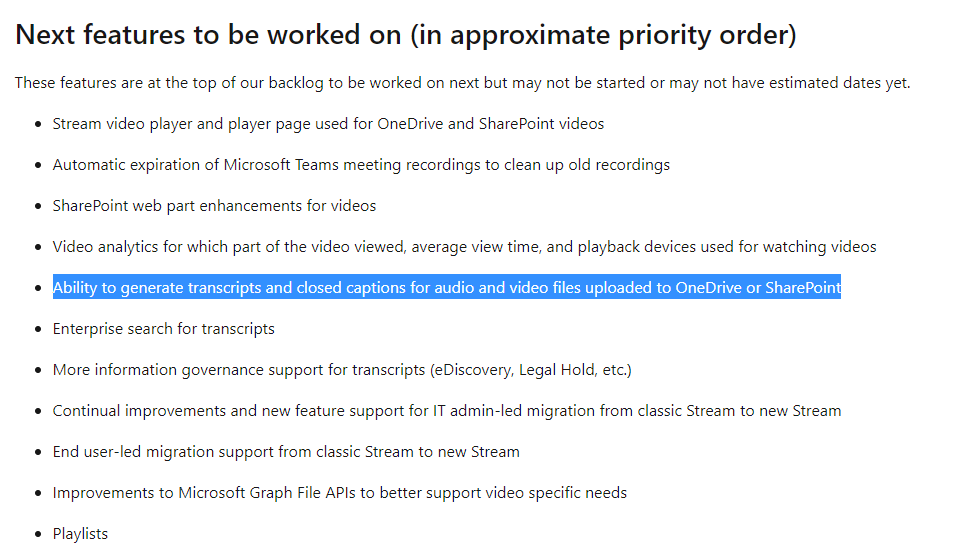 Dale_Munday's tweet photo. @MicrosoftStream can I suggest moving #transcription of the 'New Stream' in OneDrive and Sharepoint to a key priority?! With #inclusion and #accessibility a priority, no captions or editable transcription to video will be huge headache for education. 🤕 #edtech #HEtech #HigherED https://t.co/sKVcM9dSfs