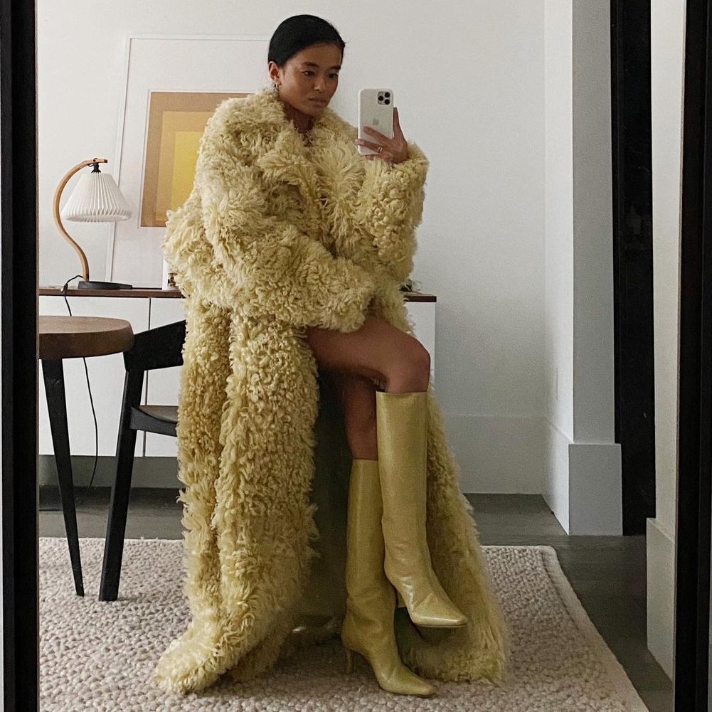 Olivia Lopez in Petar Petrov shearling 