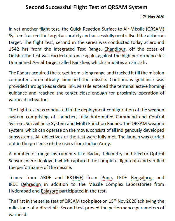livefist's tweet photo. Another test of India's QRSAM today. Photos &amp; statement from the @DRDO_India: https://t.co/ytptnQTRIM
