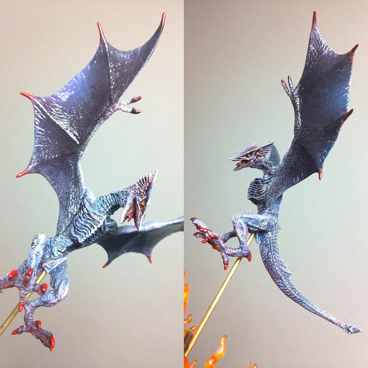 さいふ 林家しん平氏による自主制作映画 ガメラ4 真実 より ポスターイラスト風のジオラマを作ってみました ガメラは食玩ハイパーガメラ アルビノギャオスはkonamiの食玩をそれぞれポーズ変更してます 台座の炎はガチャポンエフェクトシリーズを