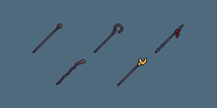 BizmasterStudio's tweet photo. Now...some staves! Or staffs....or whatever.....
Some magic stick thingies!
#weapons #staves #rpgitems #pixelart #gameassets https://t.co/jLnspnqaAS